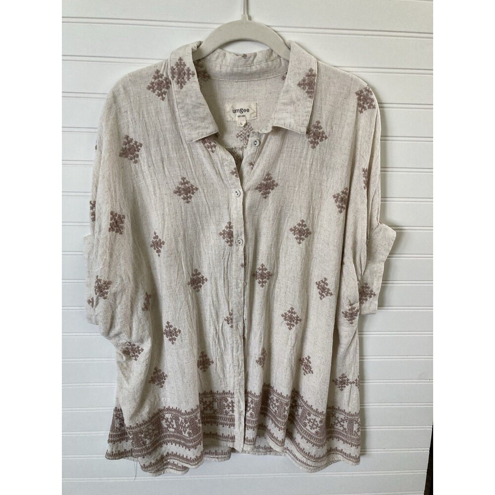 Umgee Linen Blend Embroidered Blouse Top LARGE Beige Short Sleeve Boho
